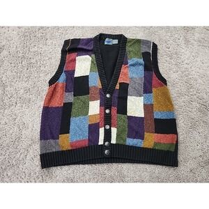 Etchings Sweater Vest Mens XL Multicolor Patchwork Knit V-Neck Button Up Grandpa